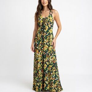 French Fact Vintage Green Floral Halter Dress Women Size Medium